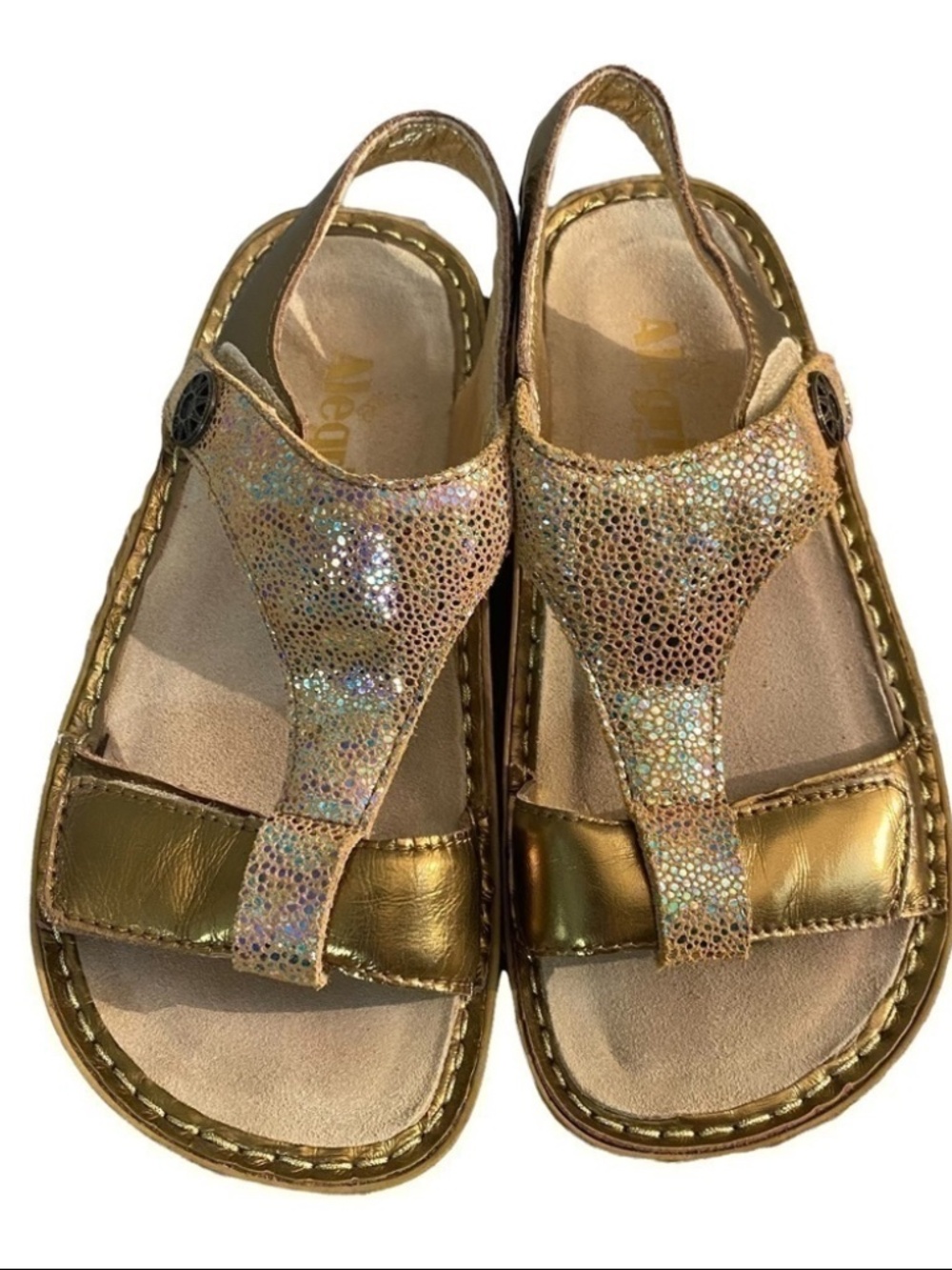 Alegria Sand Do’s Gold Iridescent Leather Kendra T-Strap Sandals Size 38.